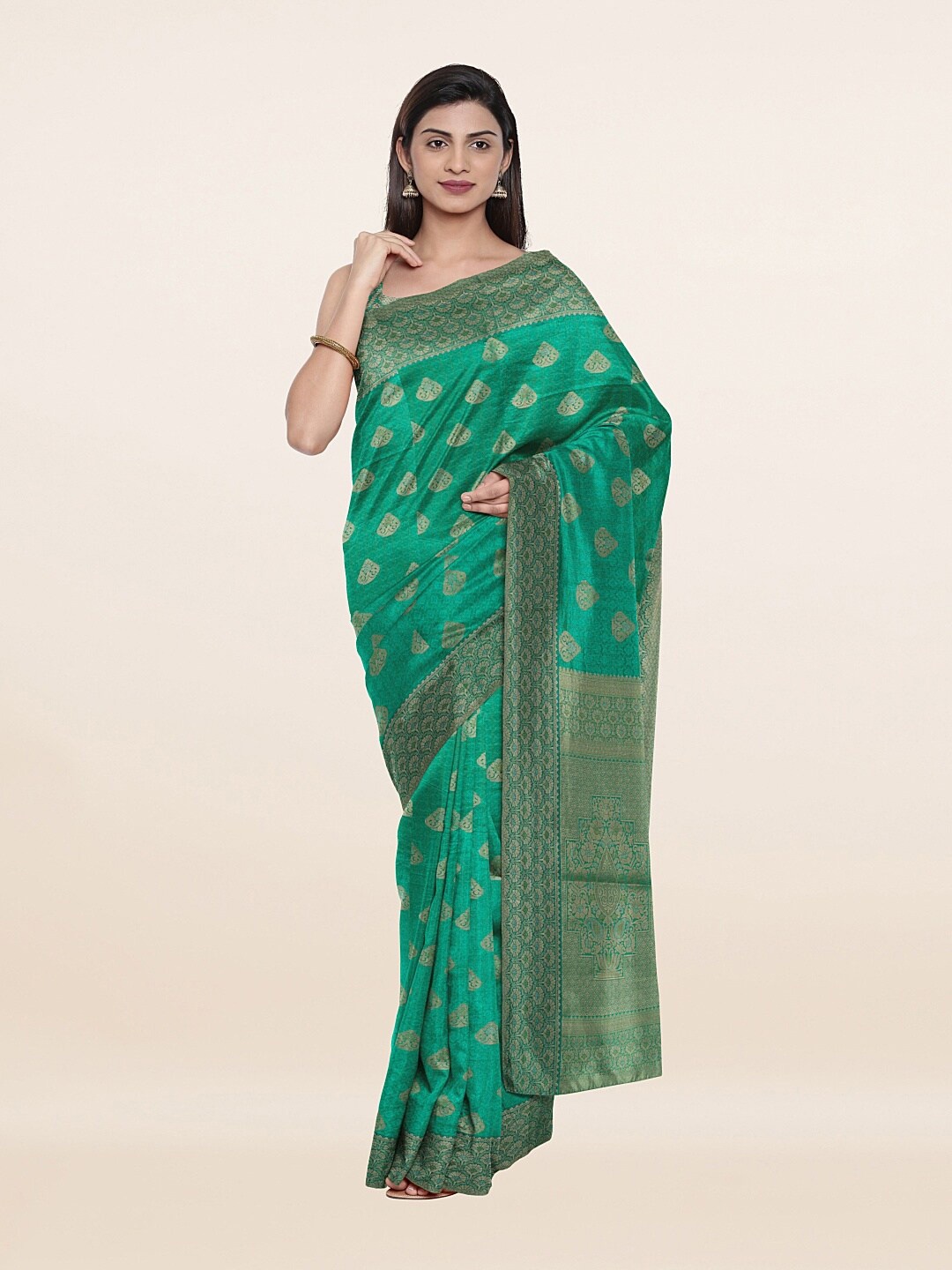 

Pothys Green & Gold-Toned Woven Design Art Silk Saree