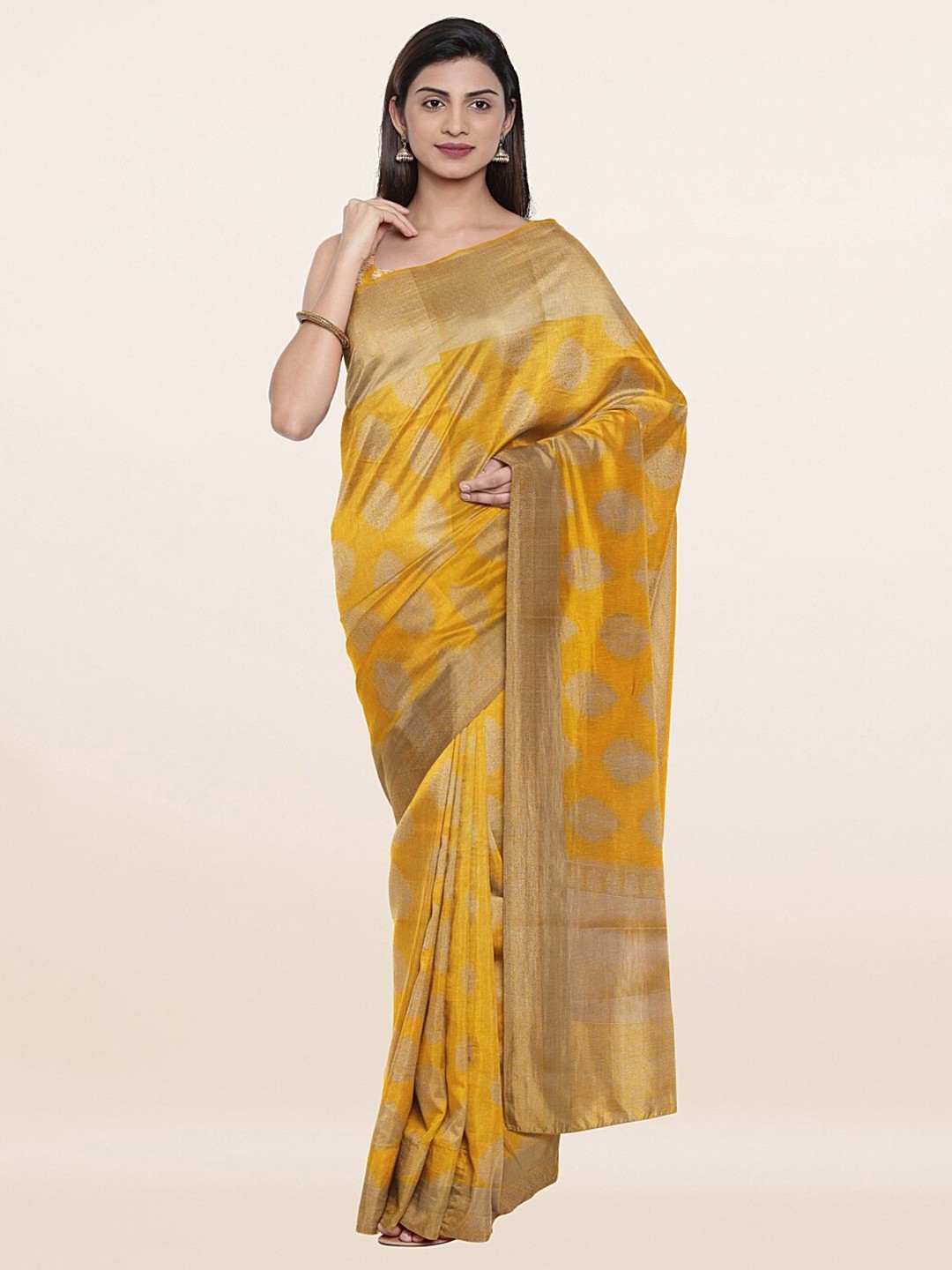 

Pothys Yellow & Gold-Toned Woven Design Art Silk Saree