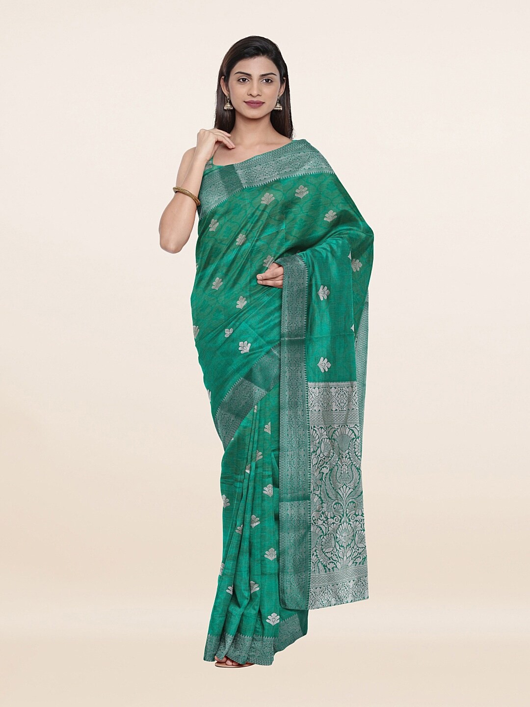 

Pothys Green & Silver-Toned Woven Design Art Silk Saree