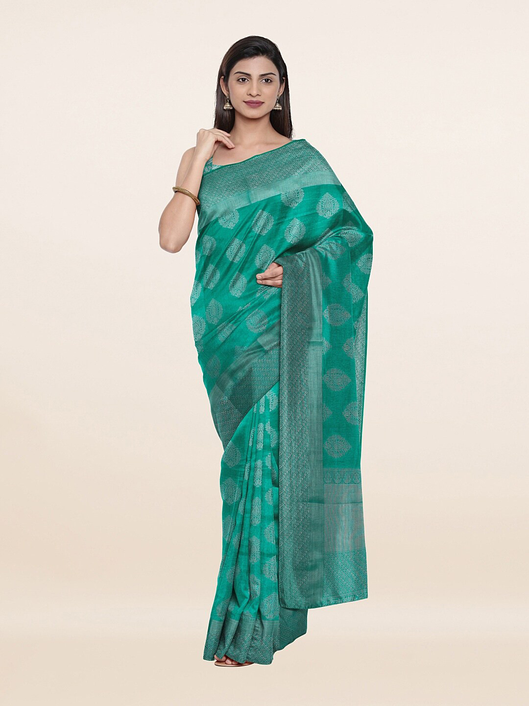 

Pothys Green & Silver-Toned Woven Design Art Silk Saree