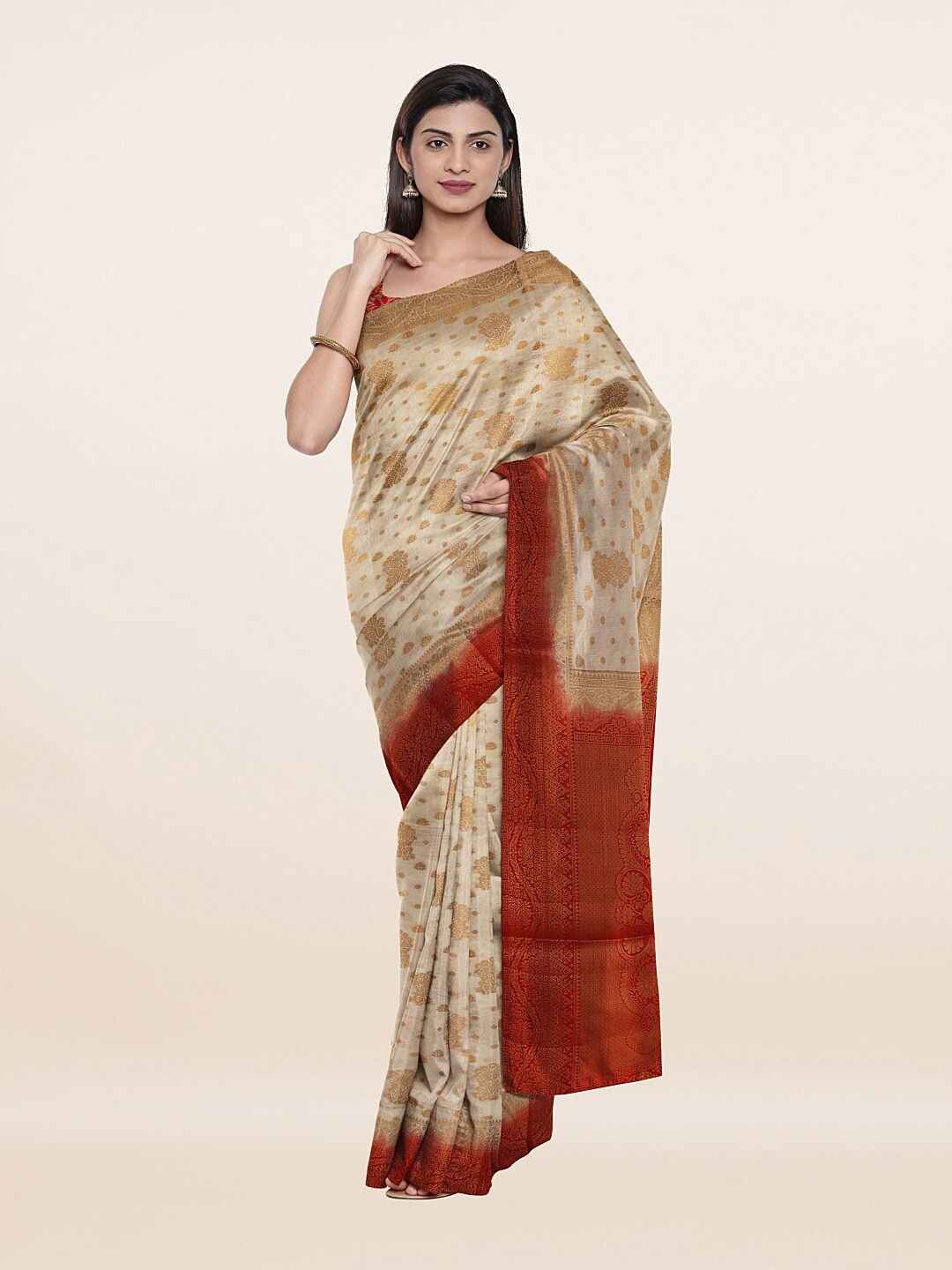 

Pothys Off White & Maroon Ethnic Motifs Art Silk Saree