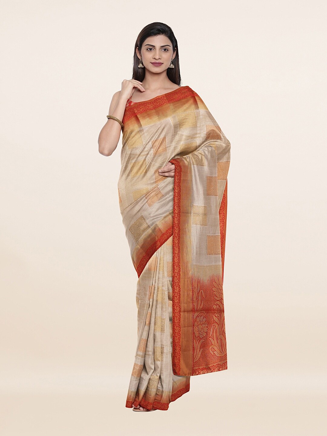 

Pothys Cream-Coloured & Orange Woven Design Art Silk Saree