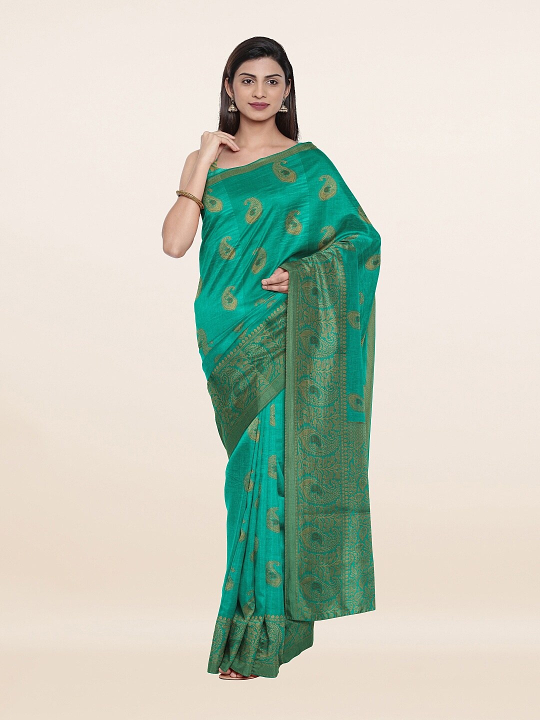

Pothys Green & Gold-Toned Paisley Art Silk Saree