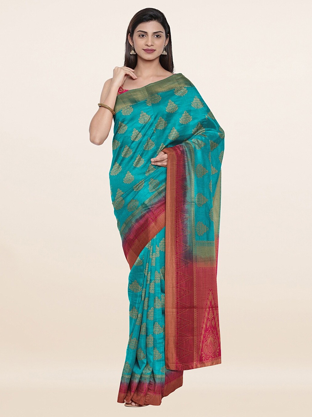 

Pothys Sea Green & Magenta Ethnic Motifs Zari Art Silk Saree