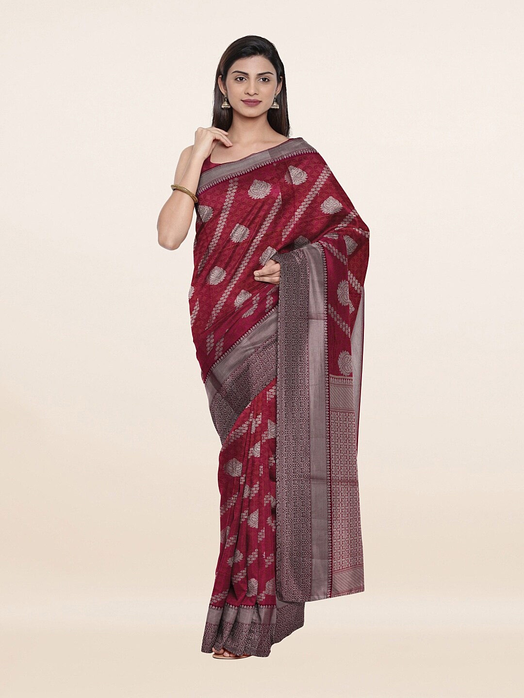 

Pothys Maroon & Grey Ethnic Motifs Zari Art Silk Saree