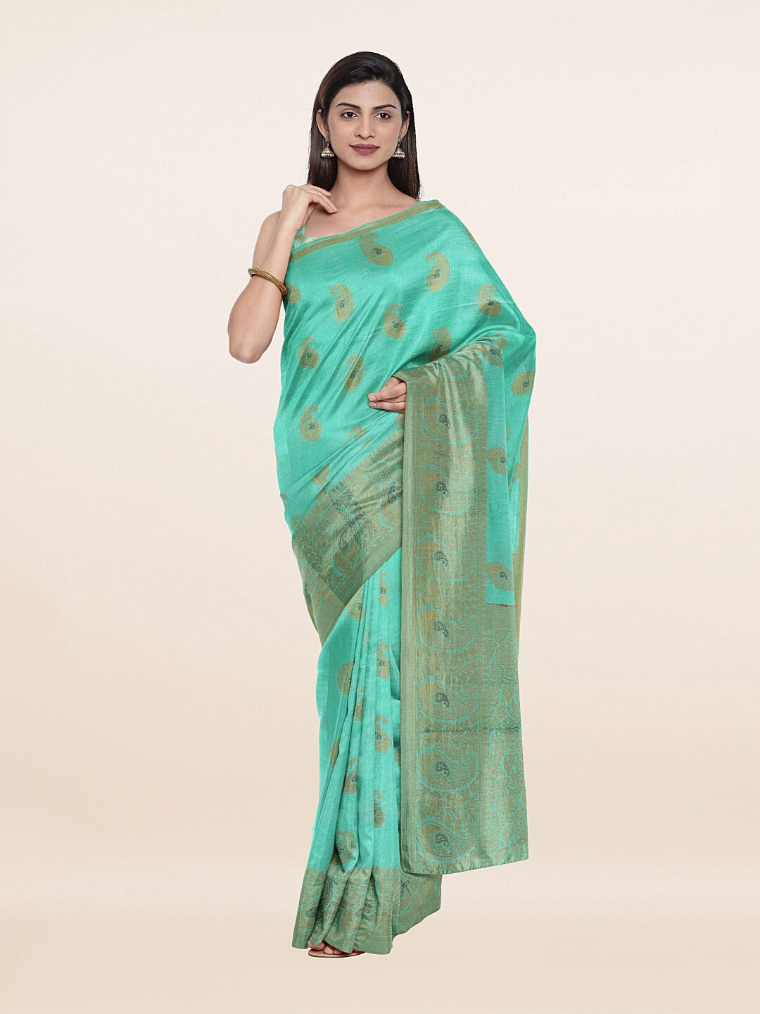 

Pothys Green & Gold-Toned Woven Design Art Silk Saree
