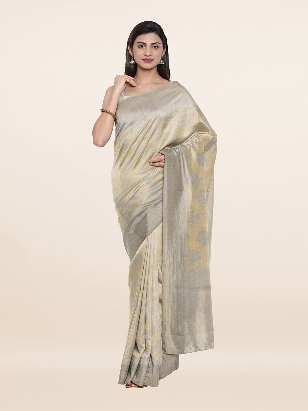 

Pothys Cream-Coloured & Silver-Toned Woven Design Art Silk Saree