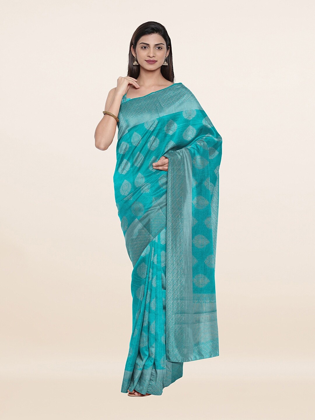 

Pothys Blue & Silver-Toned Ethnic Motifs Art Silk Saree