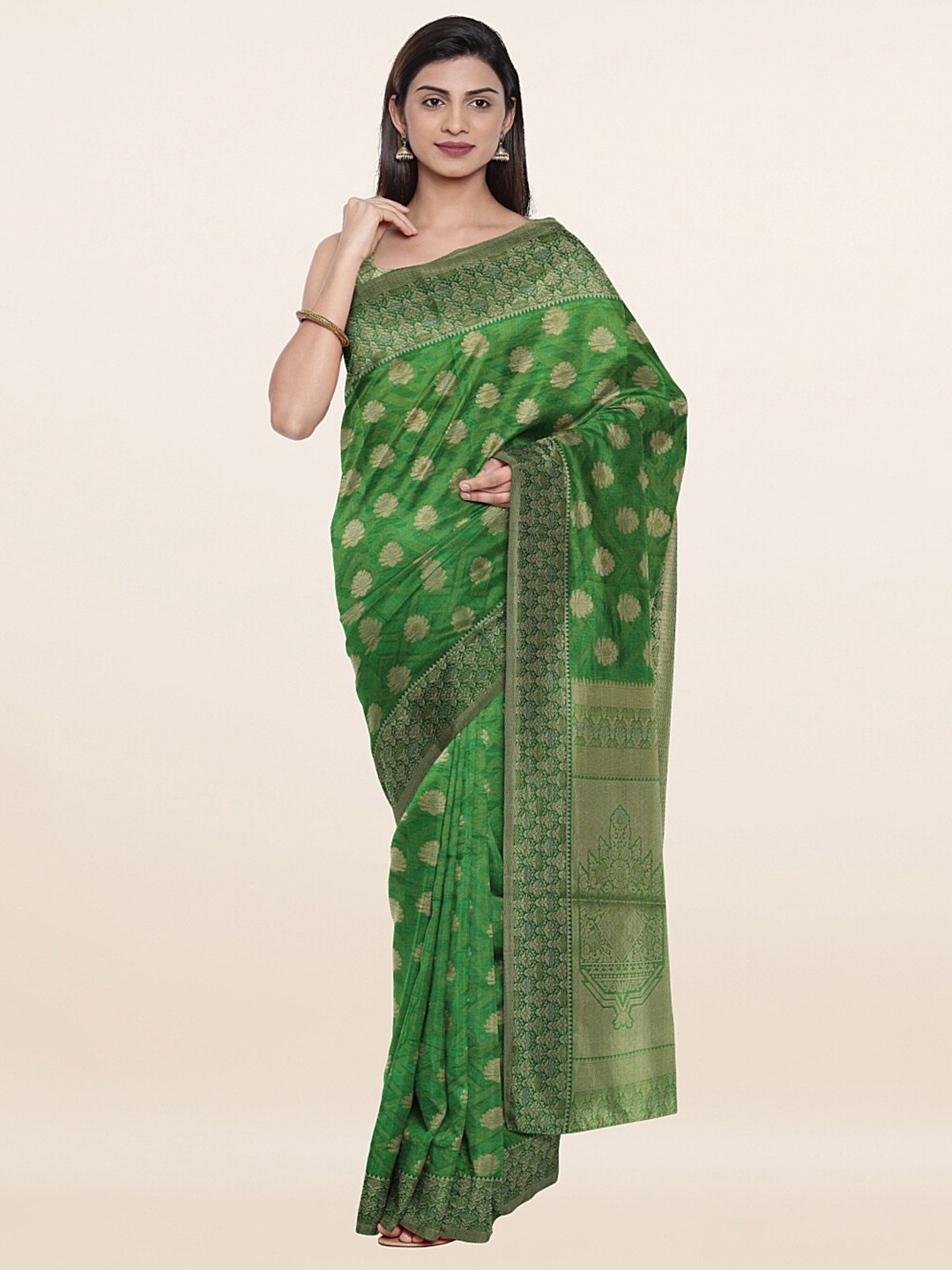 

Pothys Green & Gold-Toned Floral Art Silk Saree