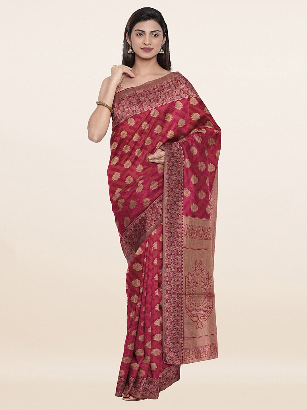 

Pothys Maroon & Gold-Toned Woven Design Art Silk Saree