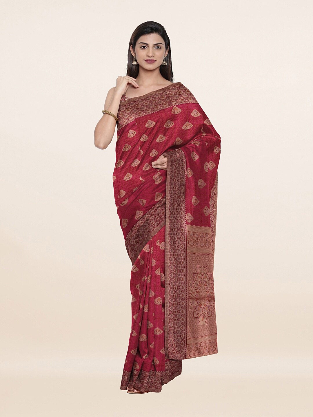 

Pothys Purple & Gold-Toned Printed Art Dupion Saree