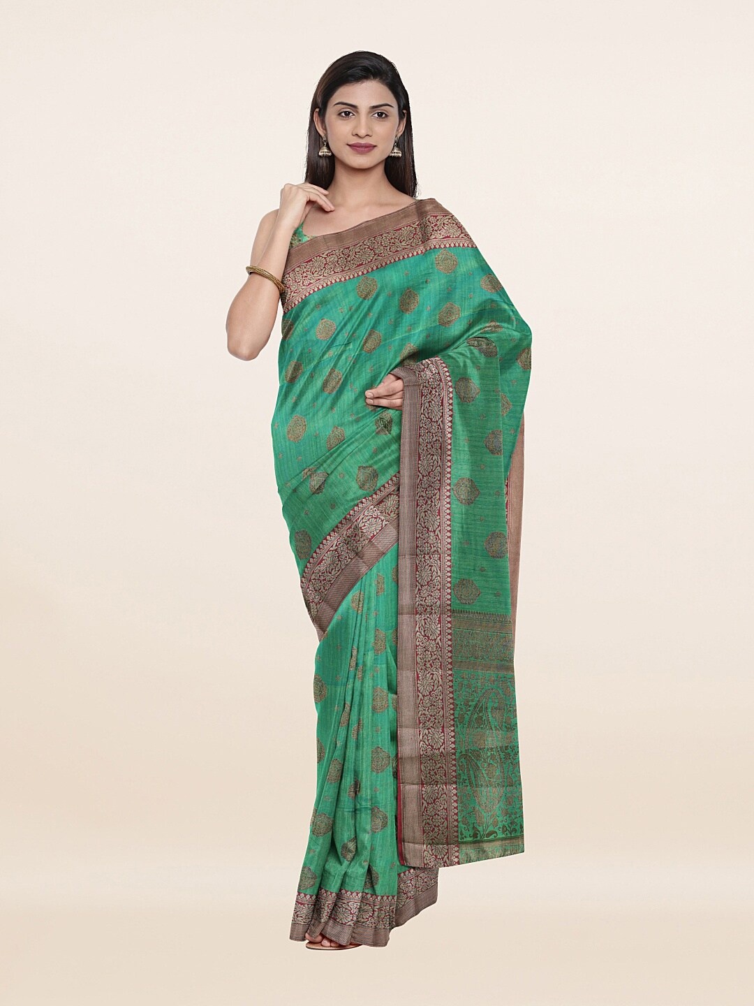 

Pothys Green & Copper-Toned Woven Design Art Silk Saree