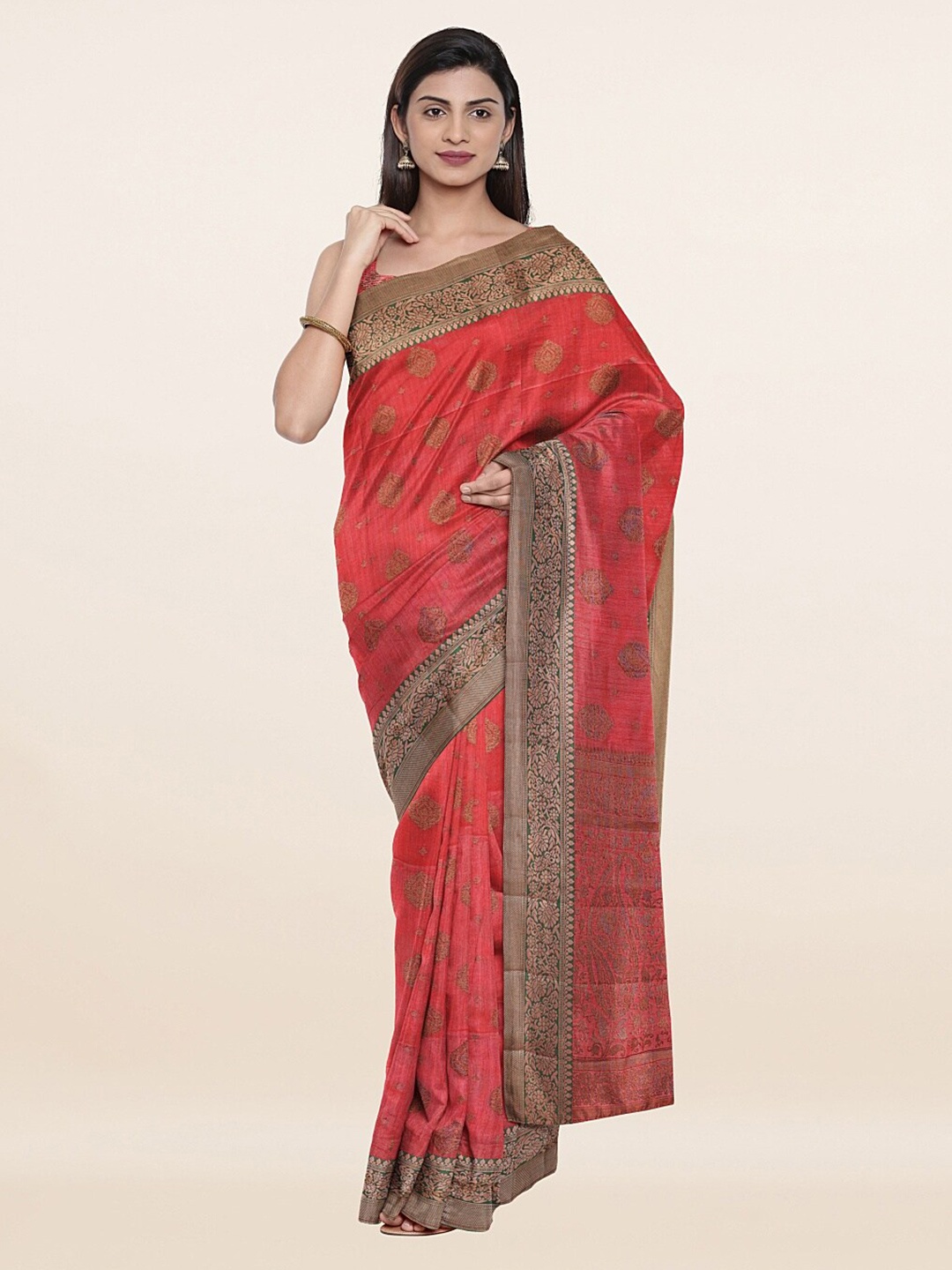 

Pothys Pink & Copper-Toned Woven Design Art Silk Saree