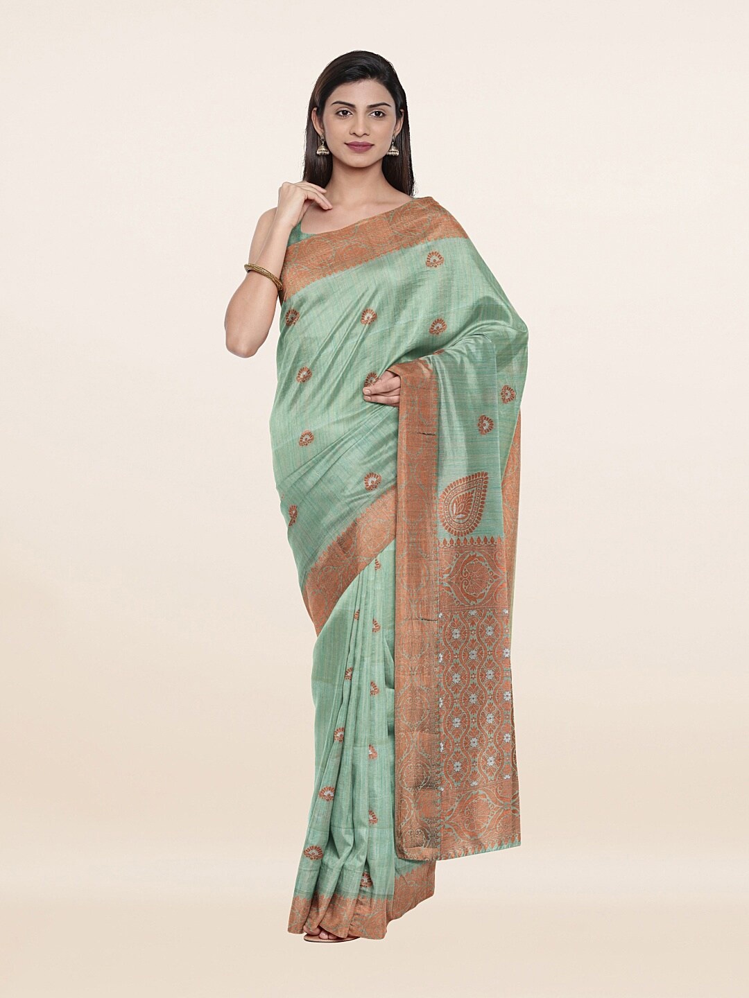 

Pothys Green & Copper-Toned Woven Design Art Silk Saree