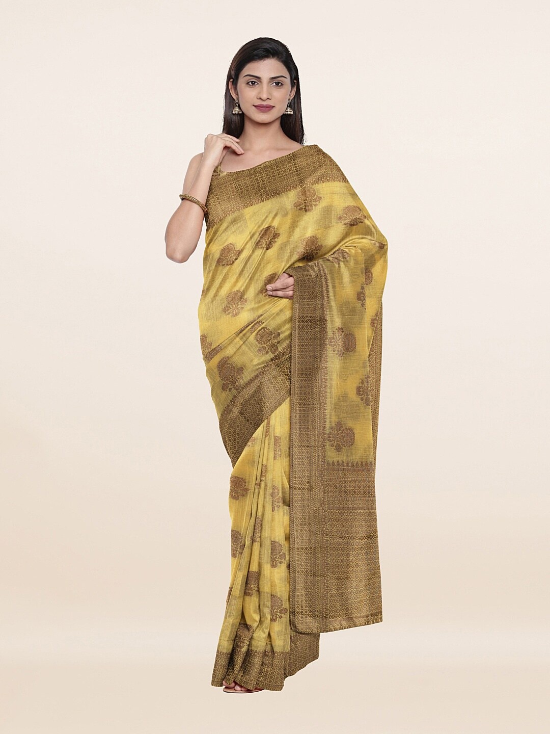 

Pothys Yellow & Copper-Toned Woven Design Art Silk Saree