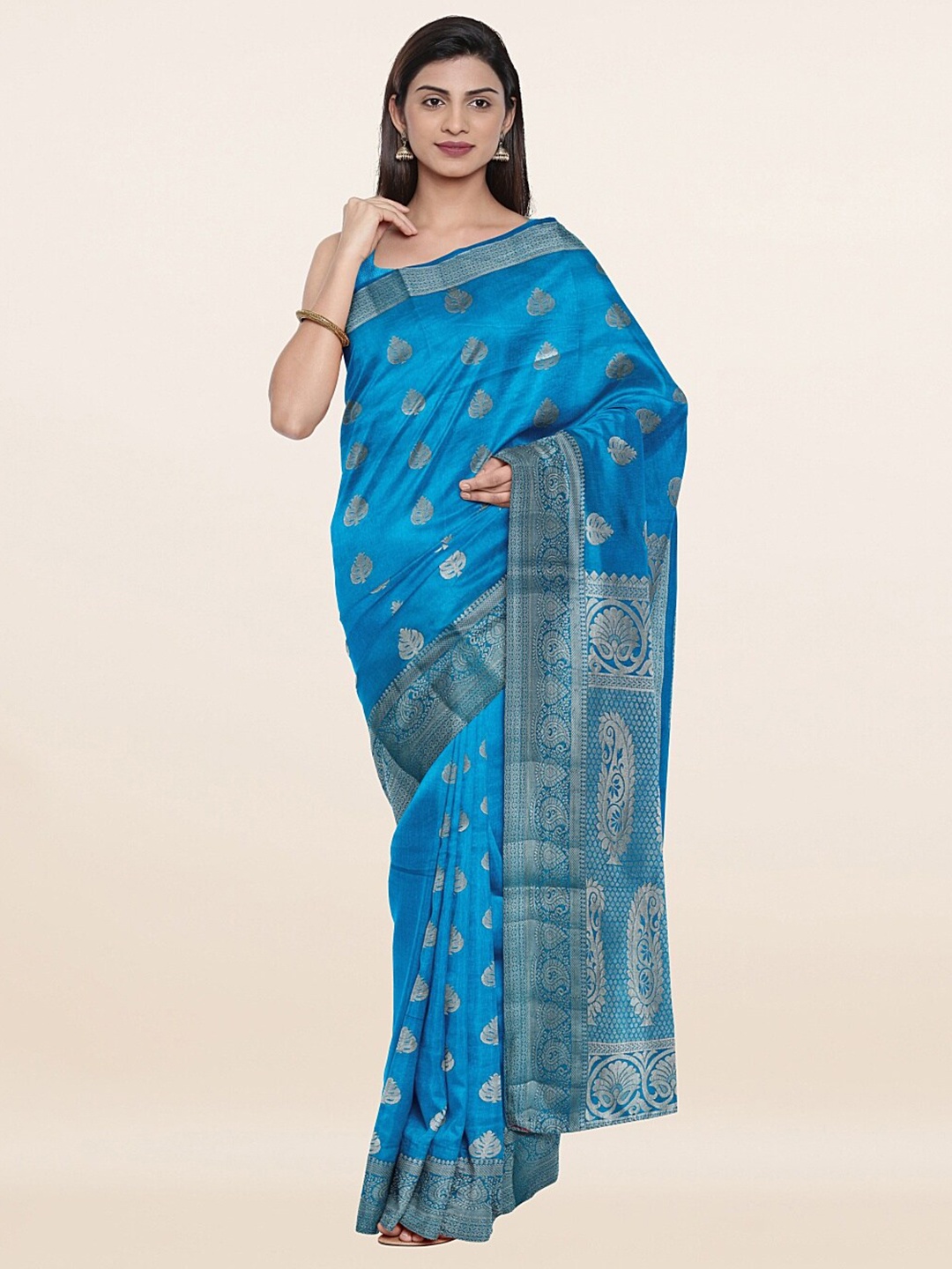 

Pothys Blue & Silver-Toned Woven Design Art Silk Saree