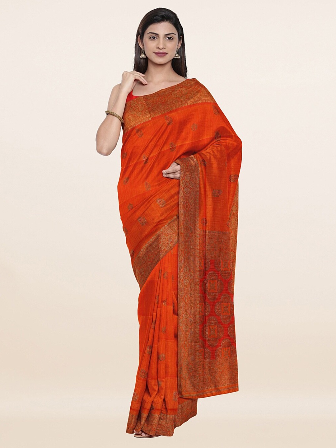 

Pothys Orange & Golden Ethnic Motifs Art Silk Saree