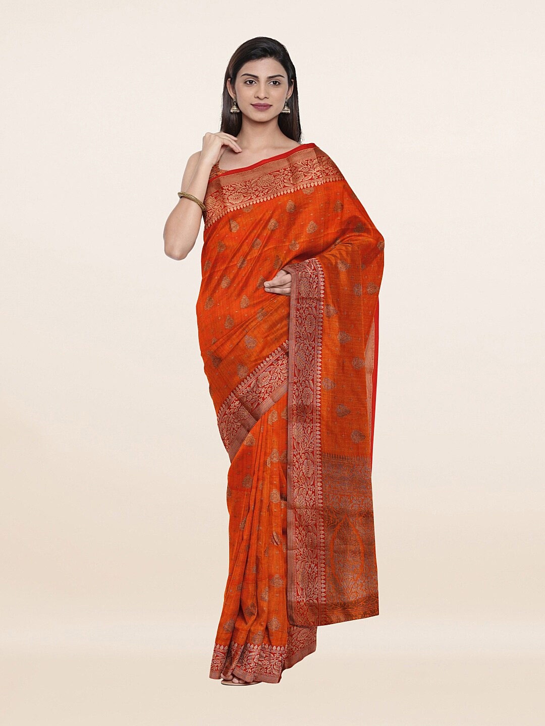 

Pothys Orange & Gold-Toned Woven Design Art Silk Saree