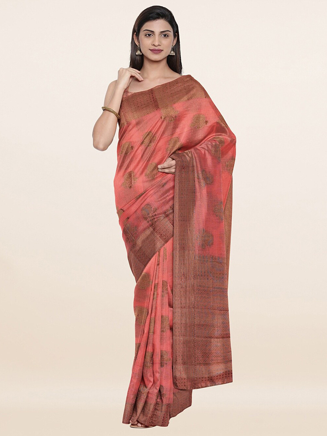 

Pothys Pink & Copper-Toned Woven Design Art Silk Saree