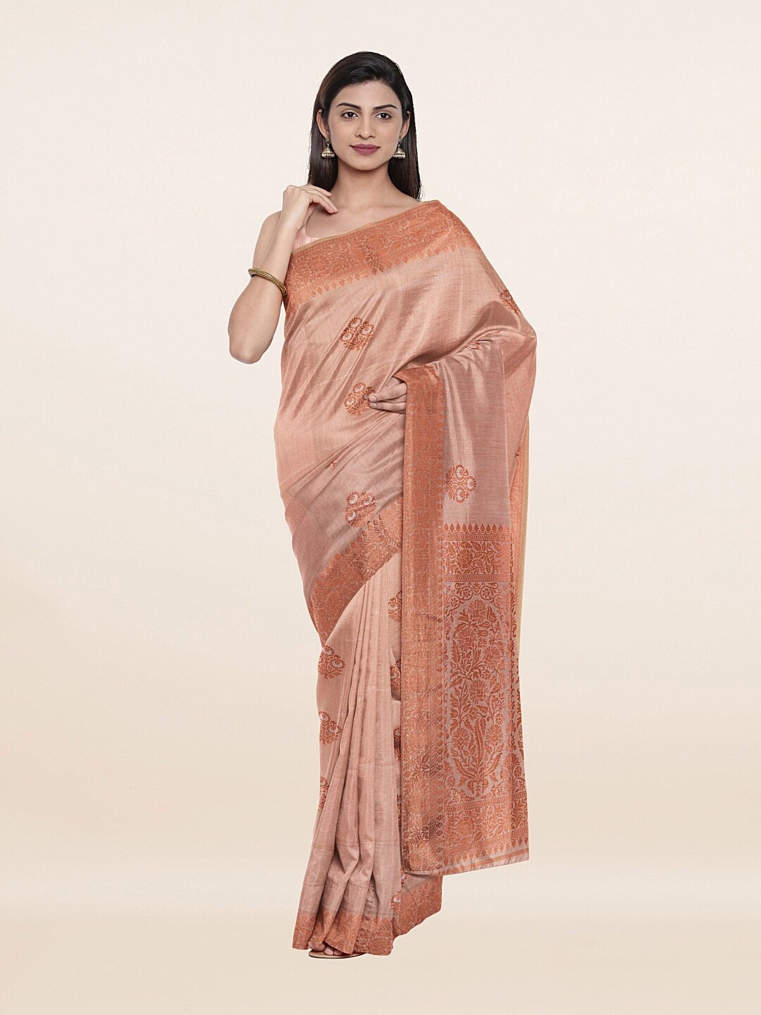 

Pothys Peach-Coloured & Copper-Toned Ethnic Motifs Art Silk Saree