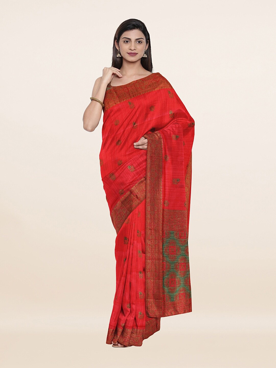 

Pothys Pink & Green Ethnic Motifs Art Silk Saree
