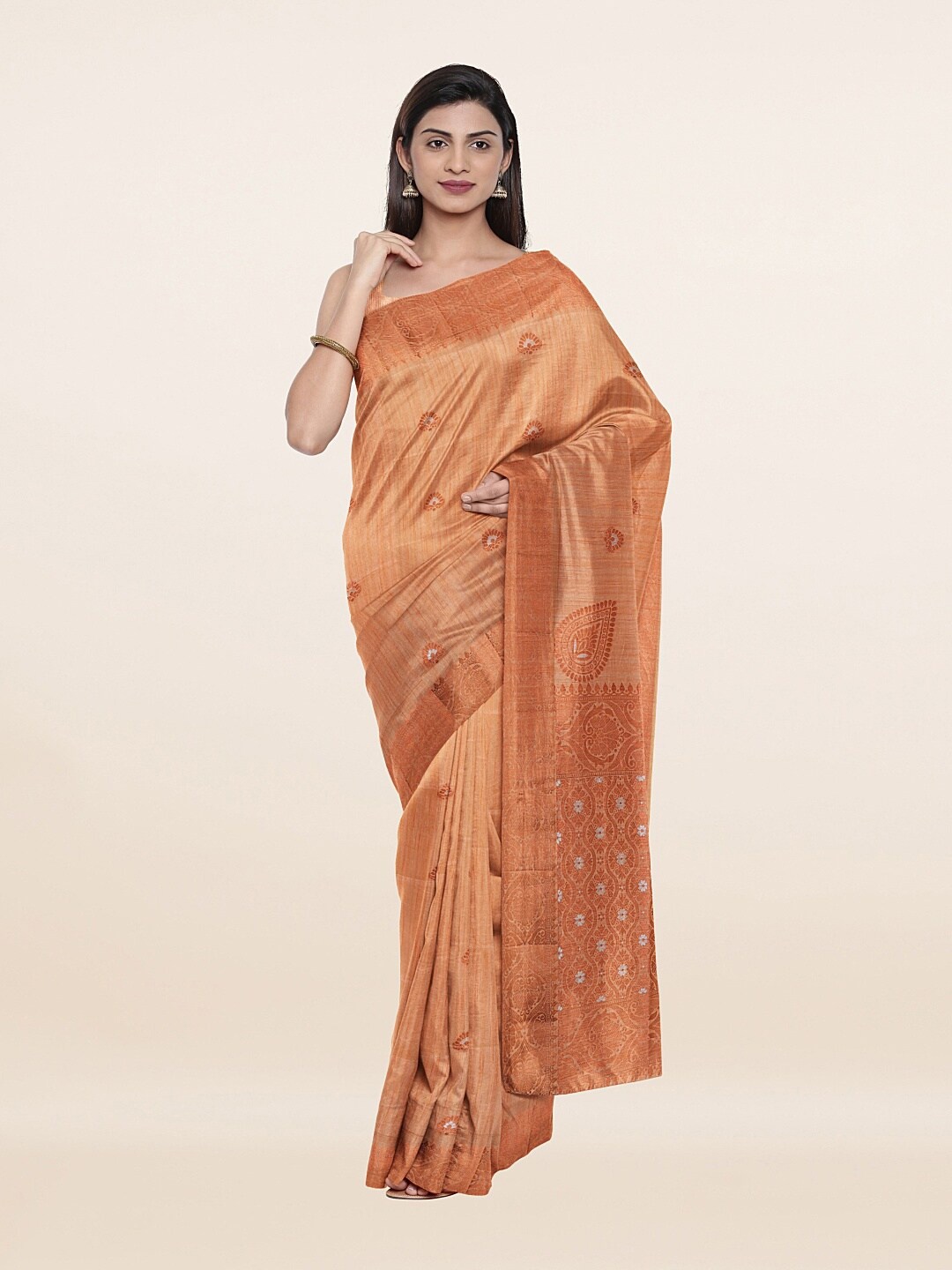 

Pothys Peach-Coloured & Copper-Toned Ethnic Motifs Zari Art Silk Saree