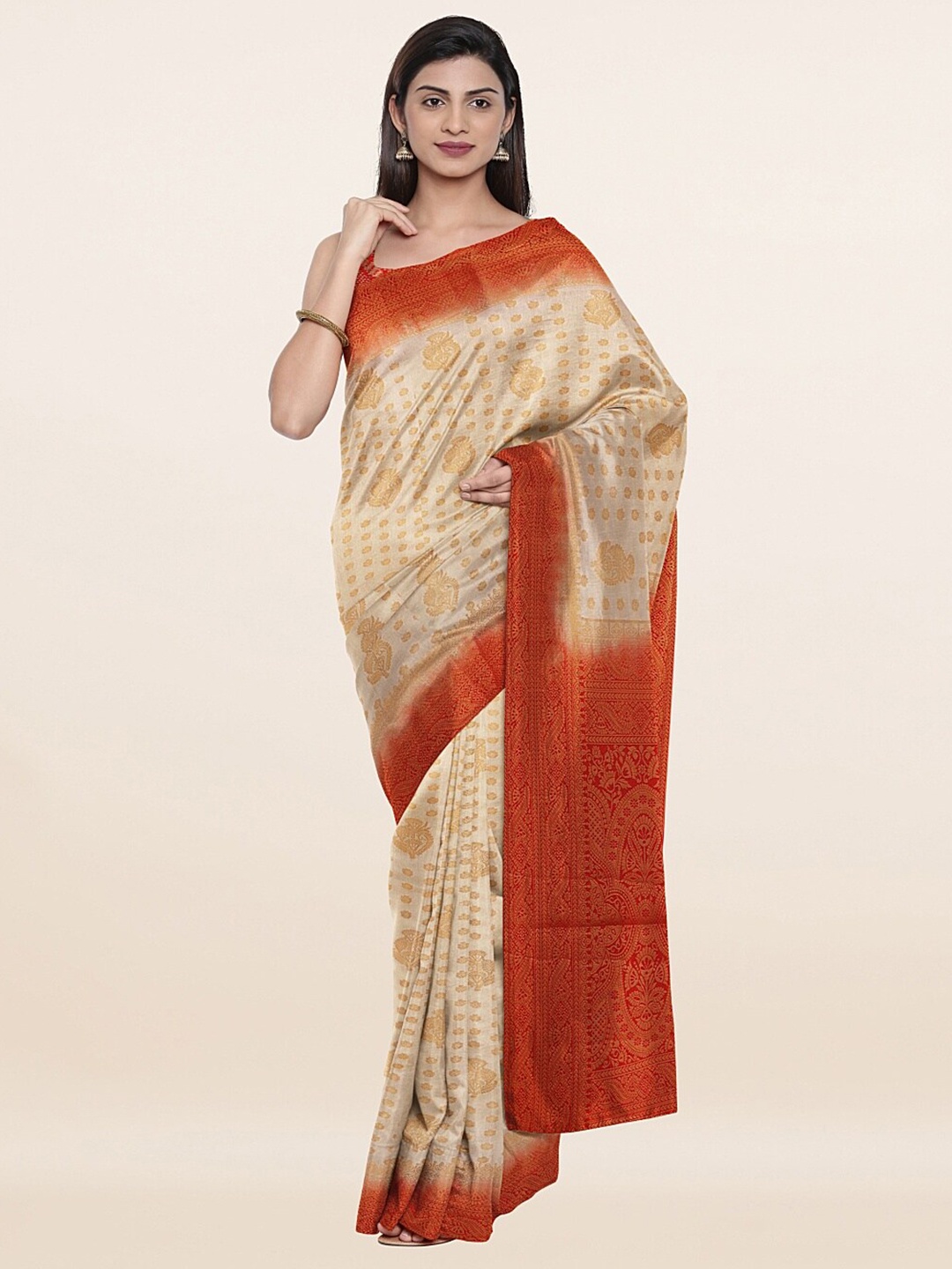 

Pothys Cream-Coloured & Maroon Woven Design Art Silk Saree