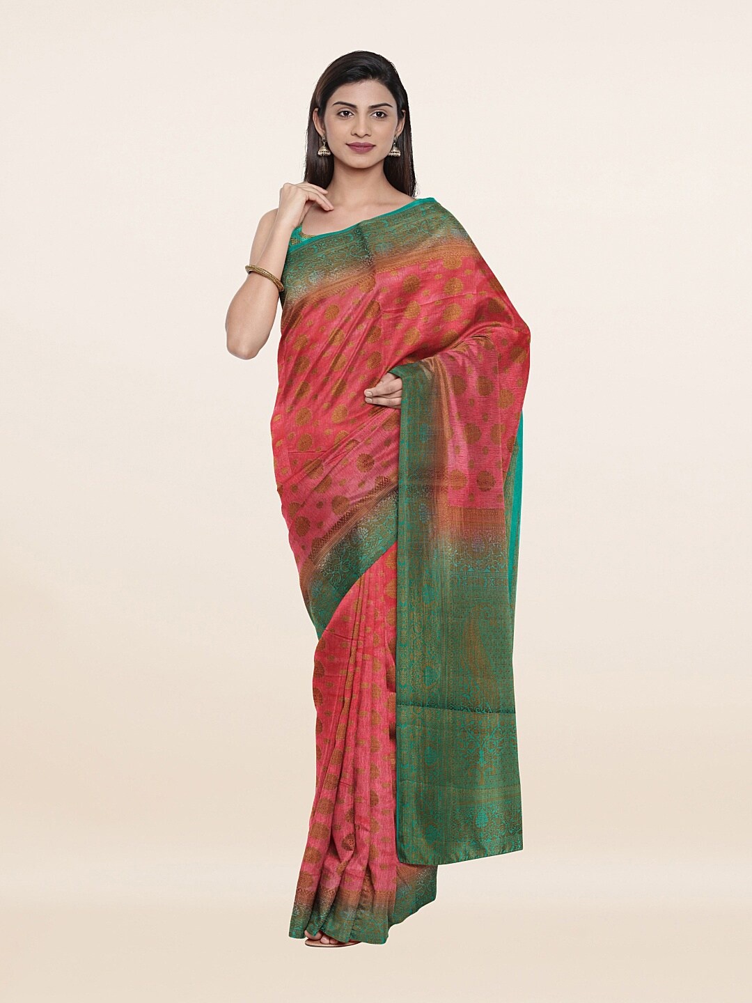 

Pothys Pink & Green Ethnic Motifs Art Silk Saree