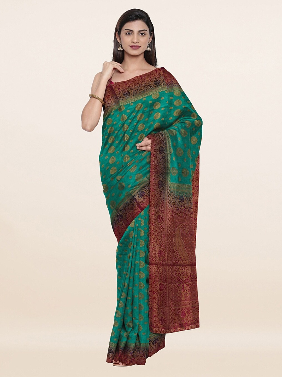 

Pothys Green & Golden Ethnic Motifs Art Silk Saree