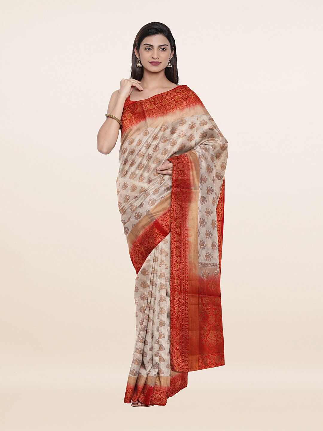 

Pothys Cream-Coloured & Red Woven Design Art Silk Saree