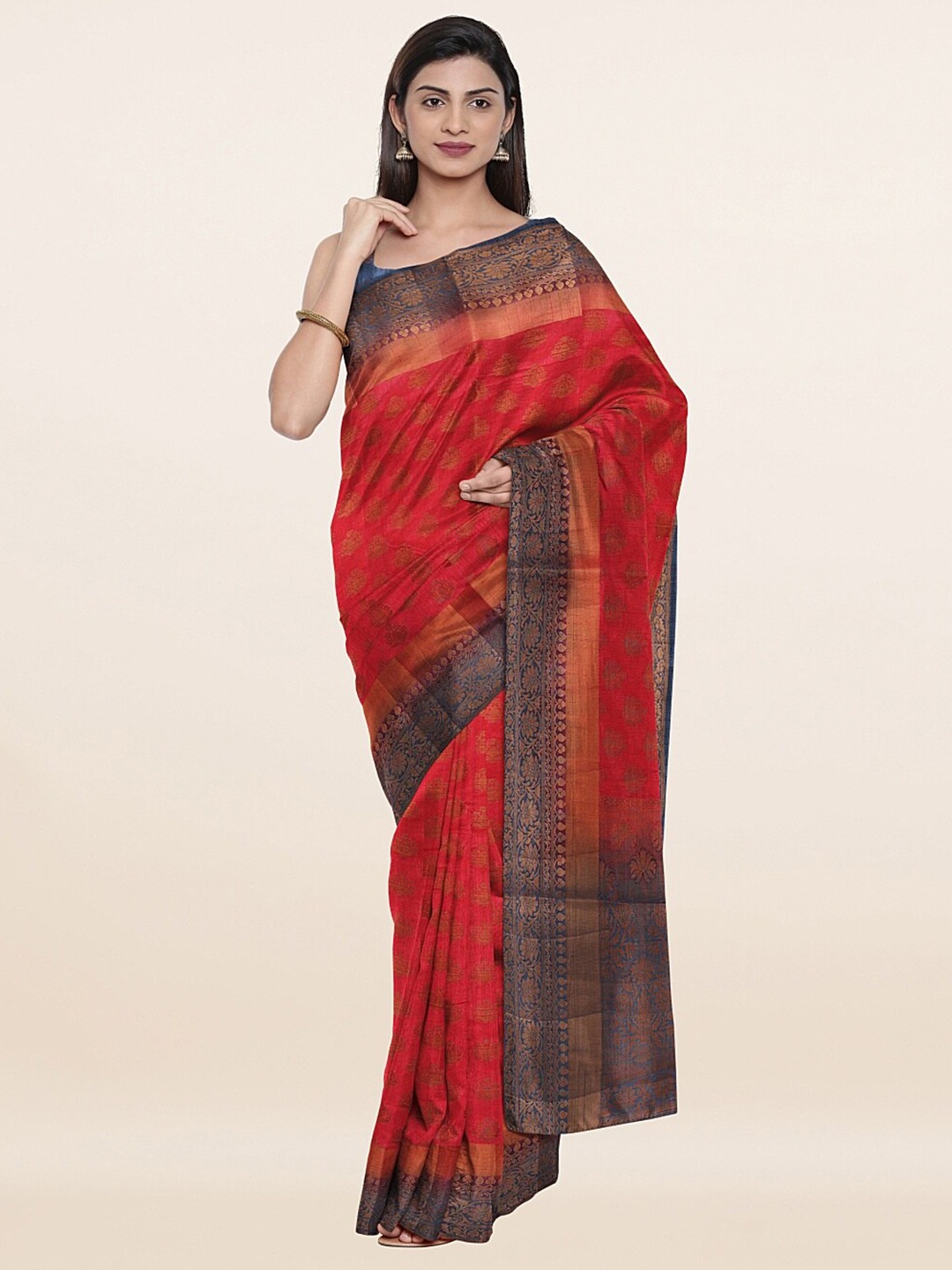 

Pothys Pink & Grey Ethnic Motifs Art Silk Saree