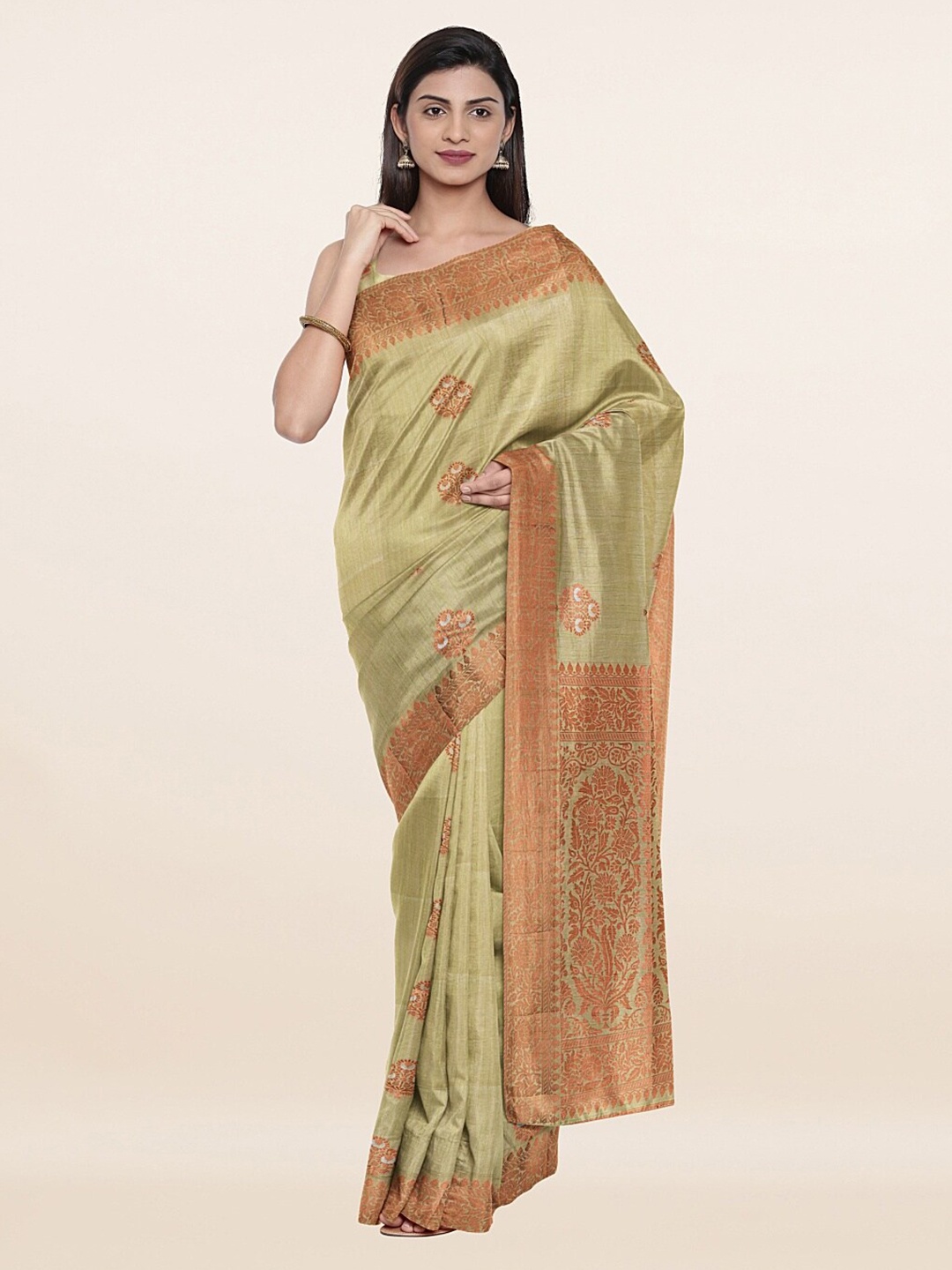 

Pothys Green & Copper-Toned Woven Design Art Silk Saree