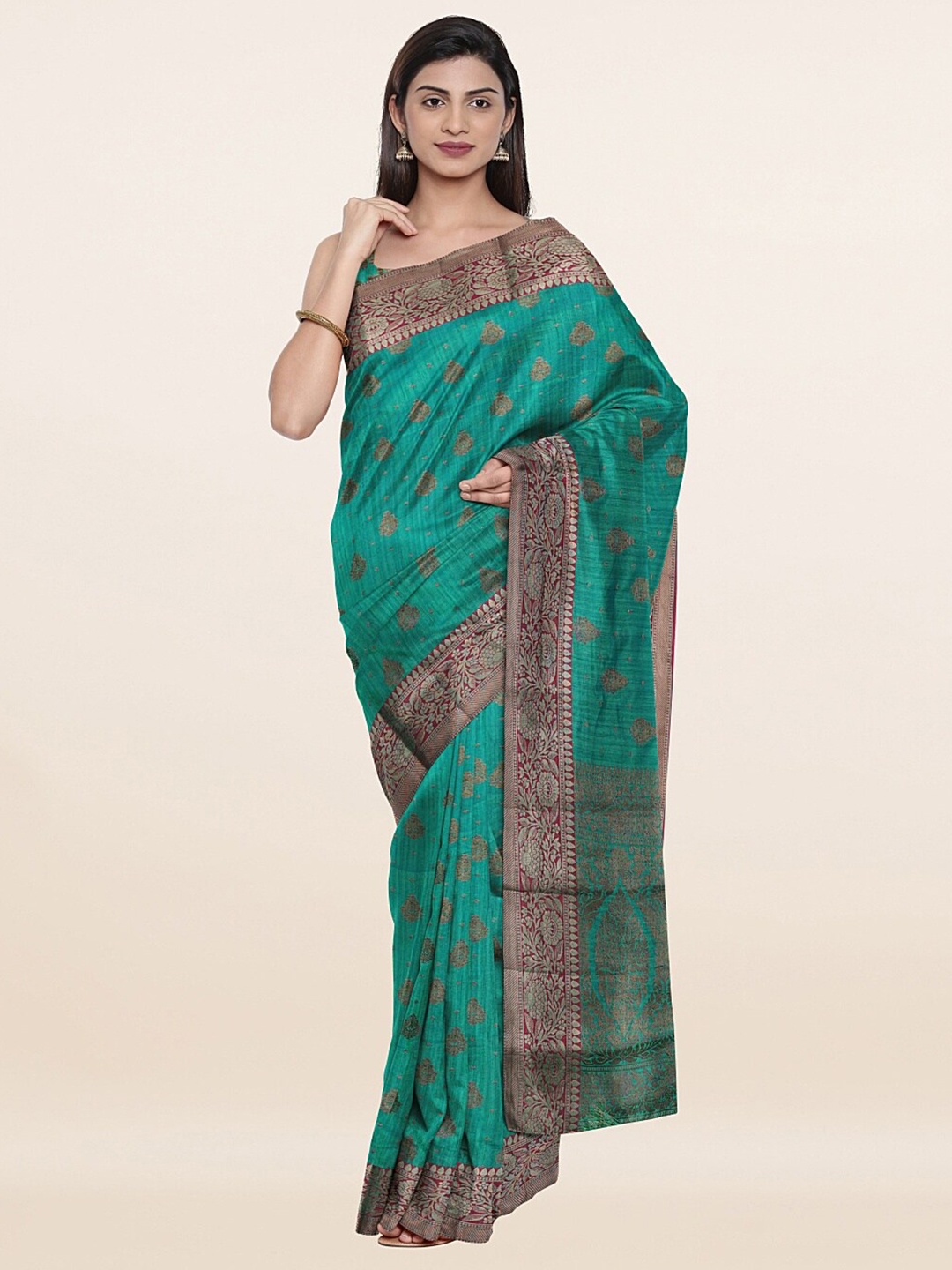 

Pothys Green & Red Ethnic Motifs Zari Art Silk Saree