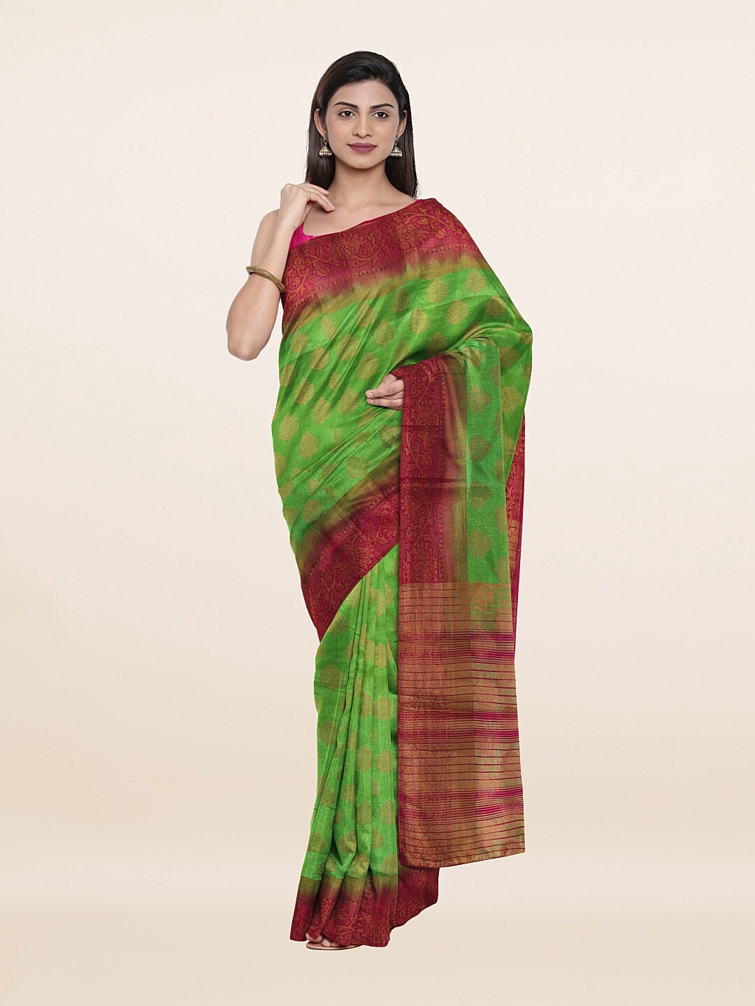 

Pothys Green & Pink Floral Woven Design Art Silk Saree