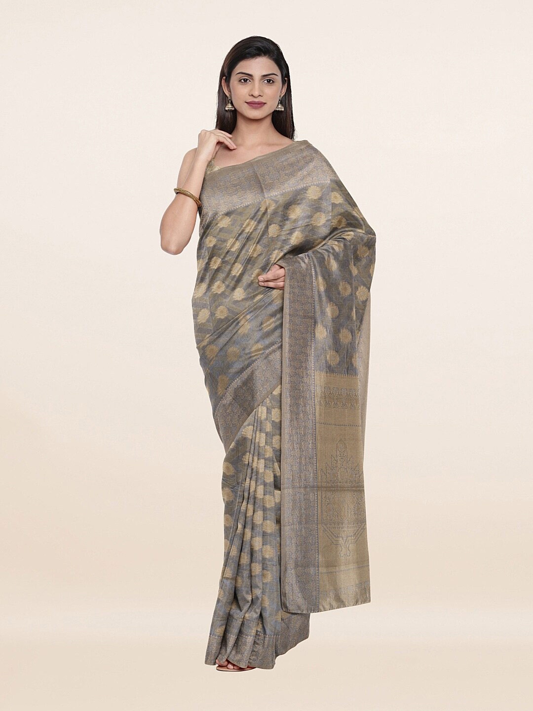 

Pothys Grey & Gold-Toned Floral Art Silk Saree