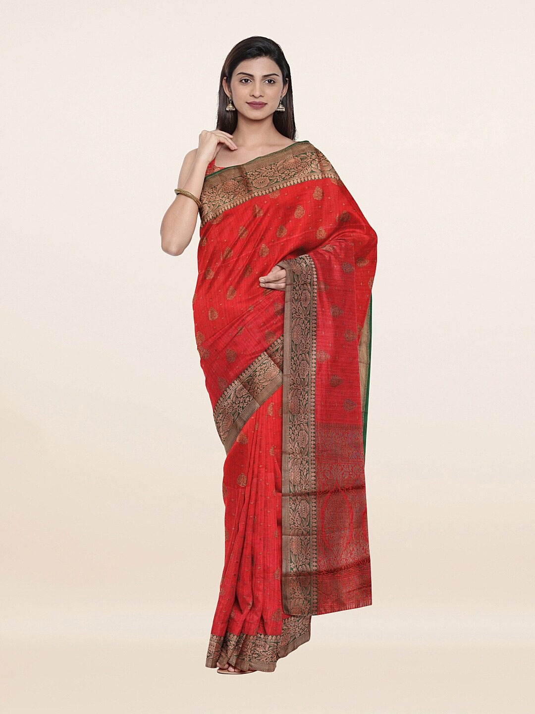 

Pothys Peach-Coloured & Red Woven Design Art Silk Saree