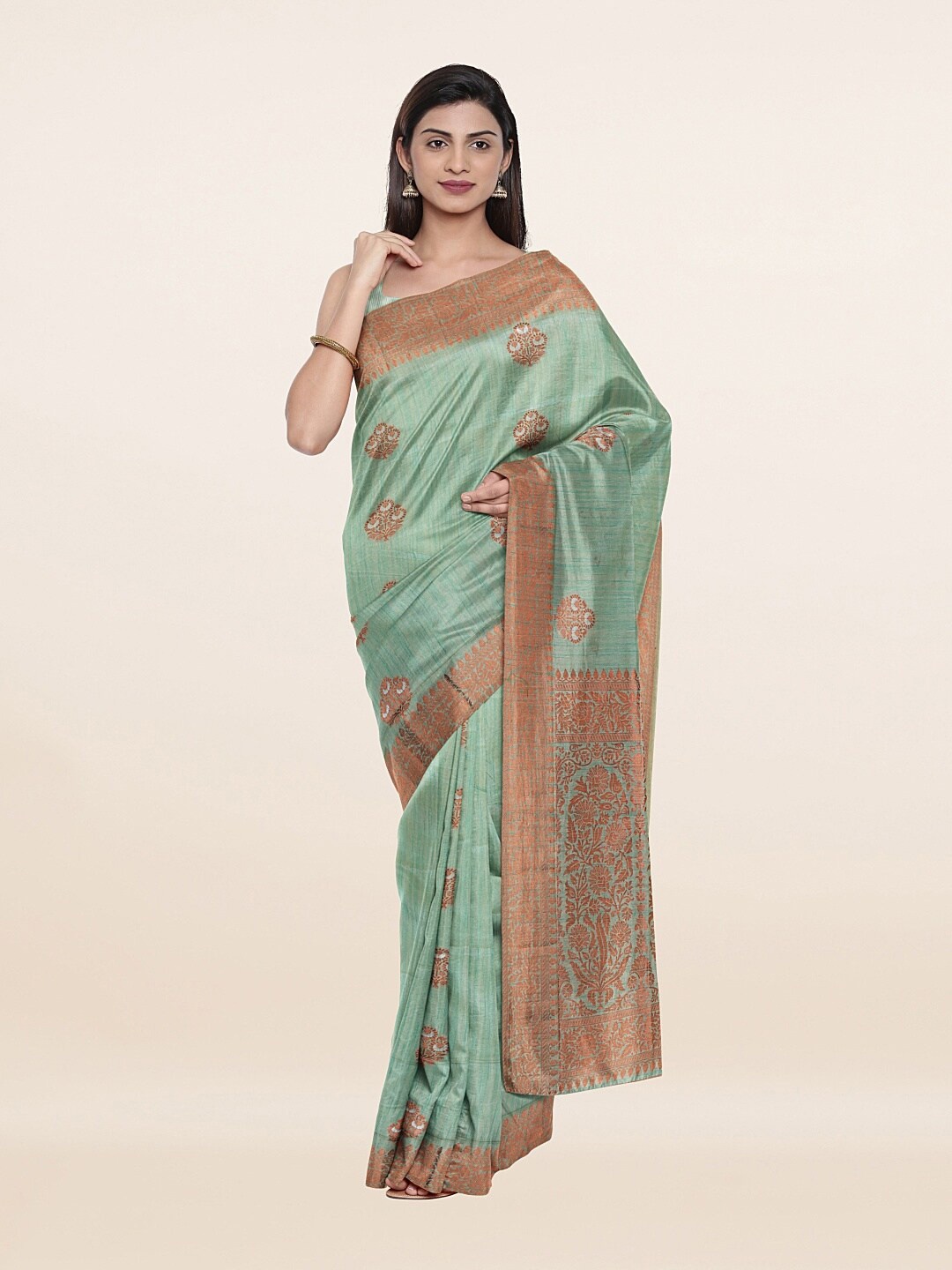 

Pothys Sea Green & Khaki Floral Art Silk Saree