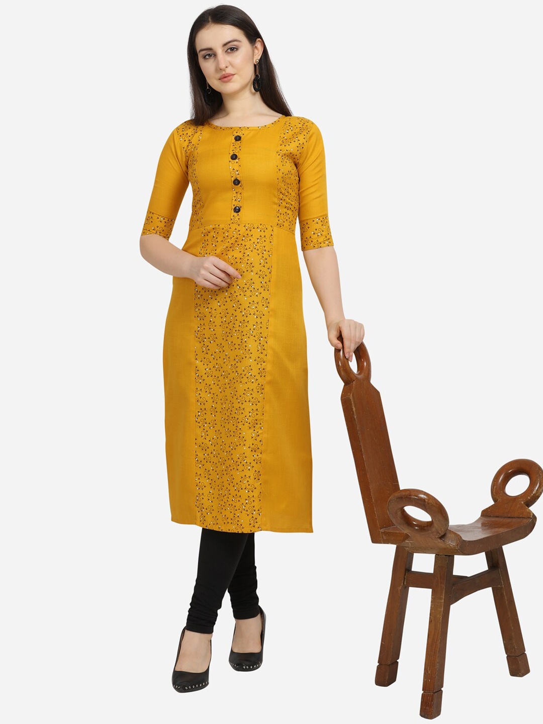 

Fashion Booms Women Multicoloured & golden yellow Geometric Printed Thread Work Kurta, Multi