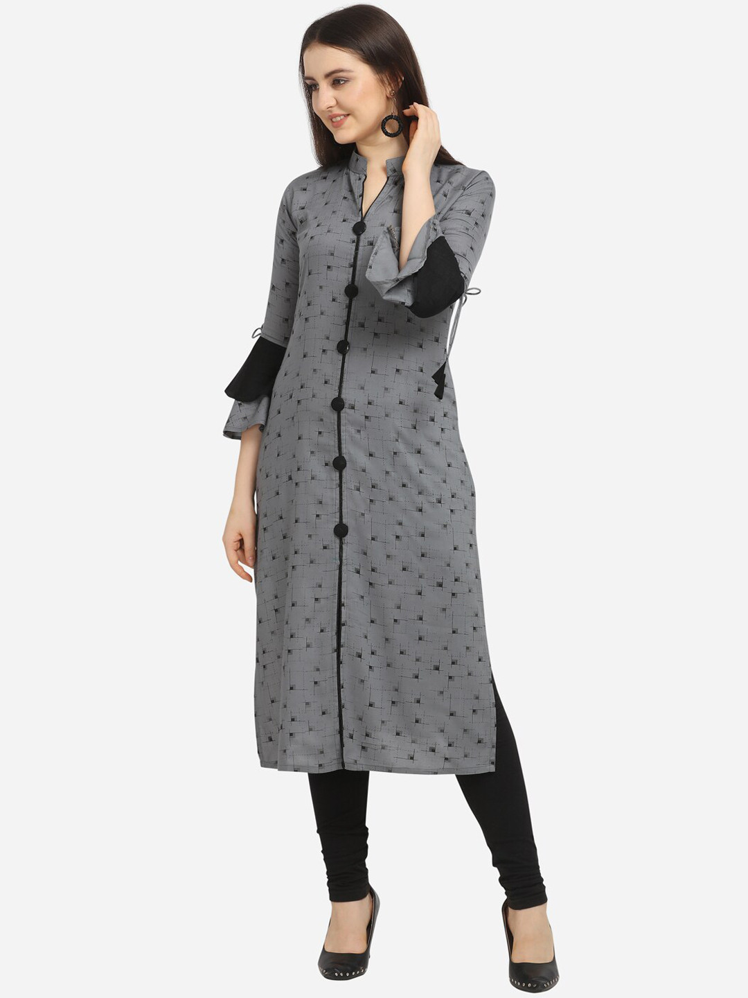

Fashion Booms Women Grey Geometric Flared Sleeves Thread Work Kurta