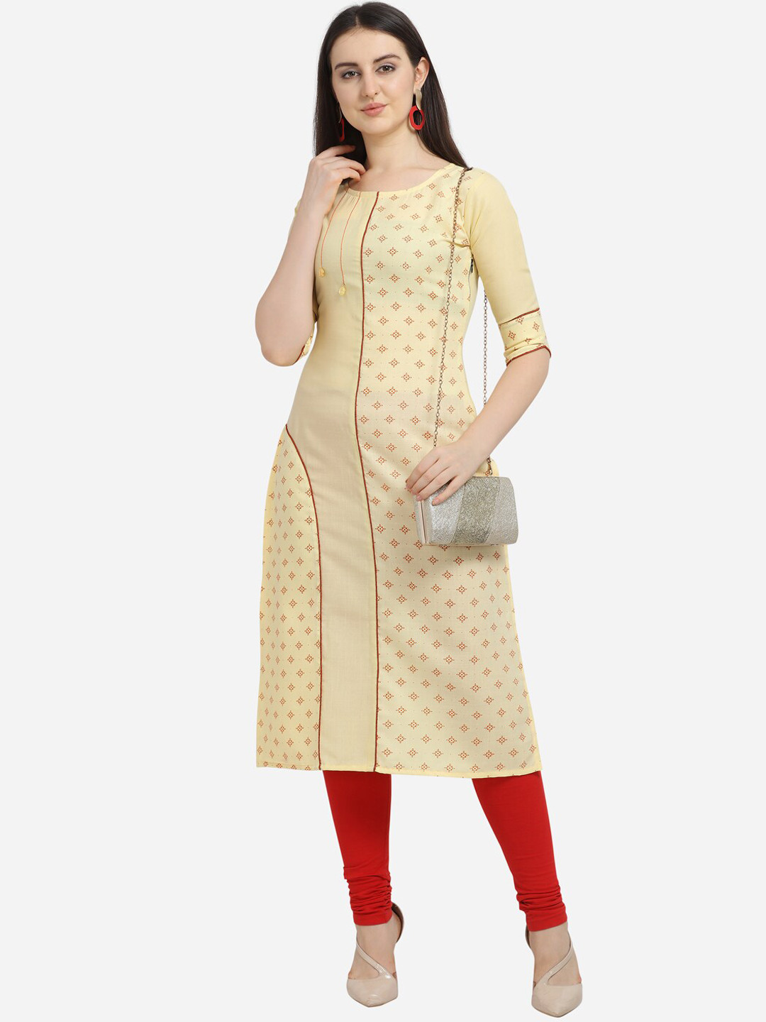 

Fashion Booms Women Yellow Ethnic Motifs Cold-Shoulder Sleeves Kurta