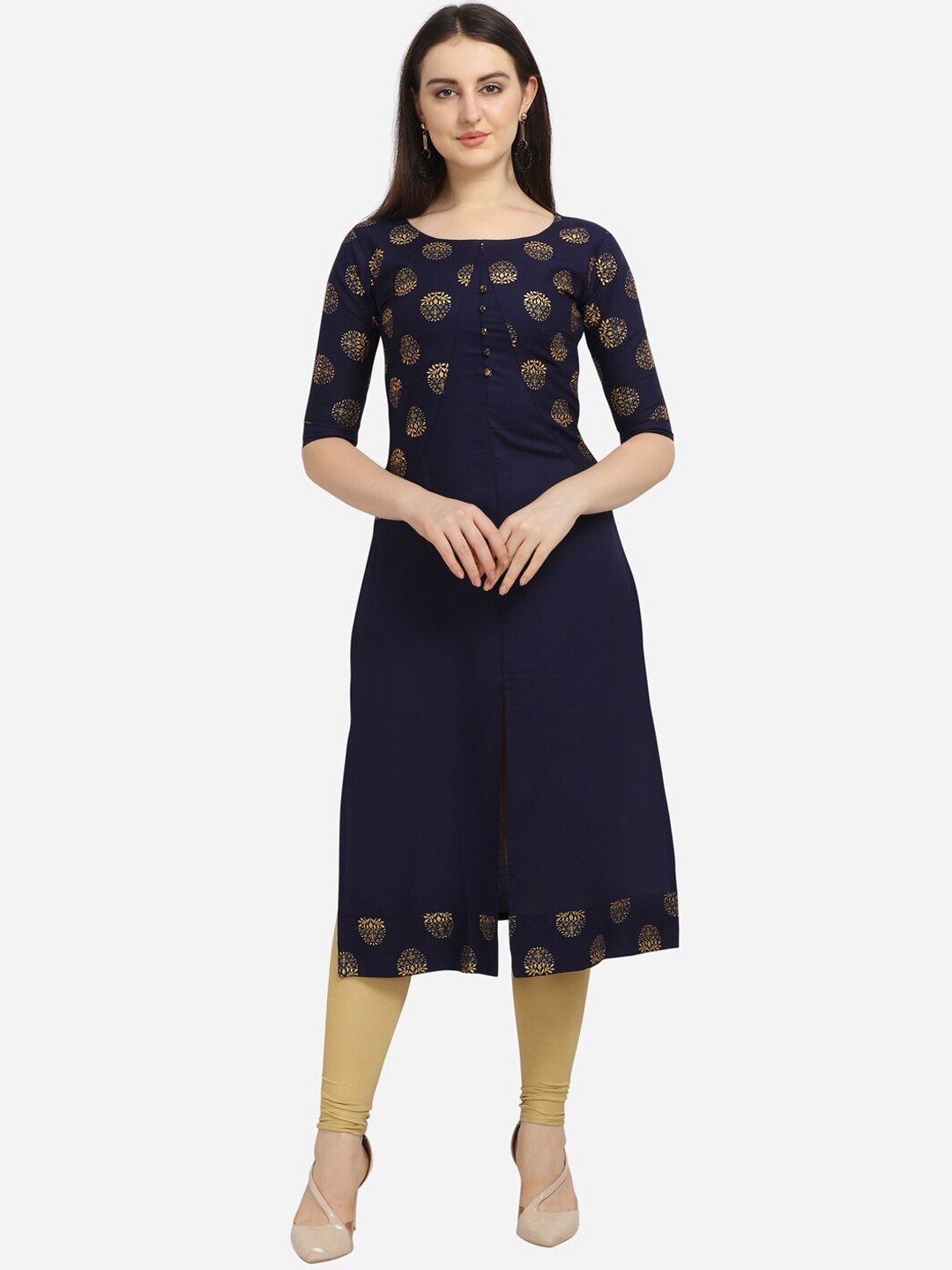 

Fashion Booms Women Navy Blue Floral Embroidered Cold-Shoulder Sleeves Kurta