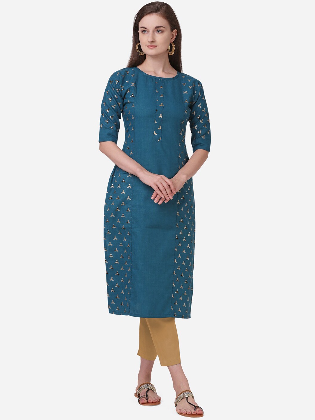 

Fashion Booms Women Teal Ethnic Motifs Printed Cold-Shoulder Sleeves Mirror Work Kurta
