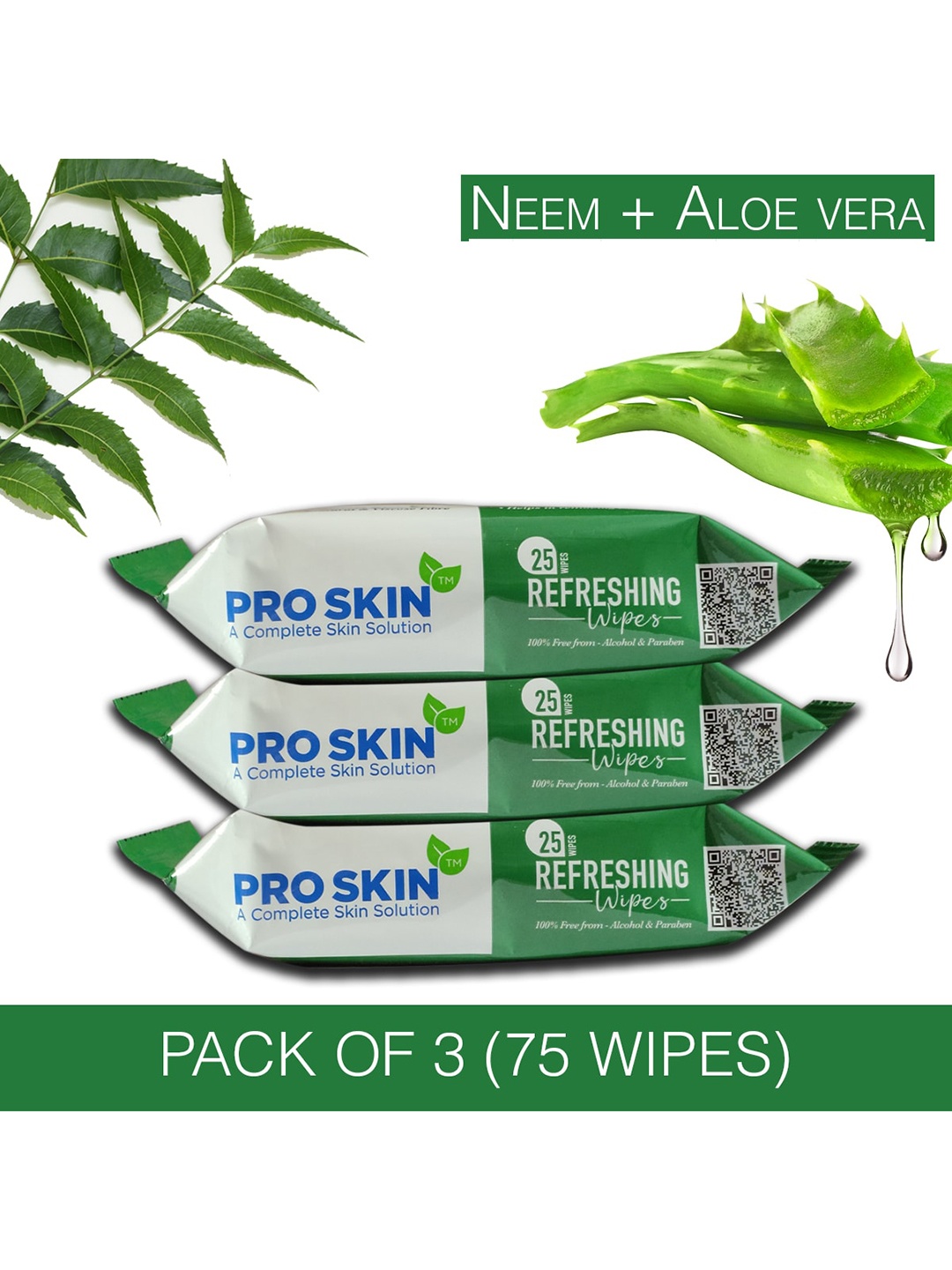 

PROSKIN Set of 3 Paraben Free Refreshing Wet Wipes with Neem & Aloe Vera - 25 Wipes Each, Green