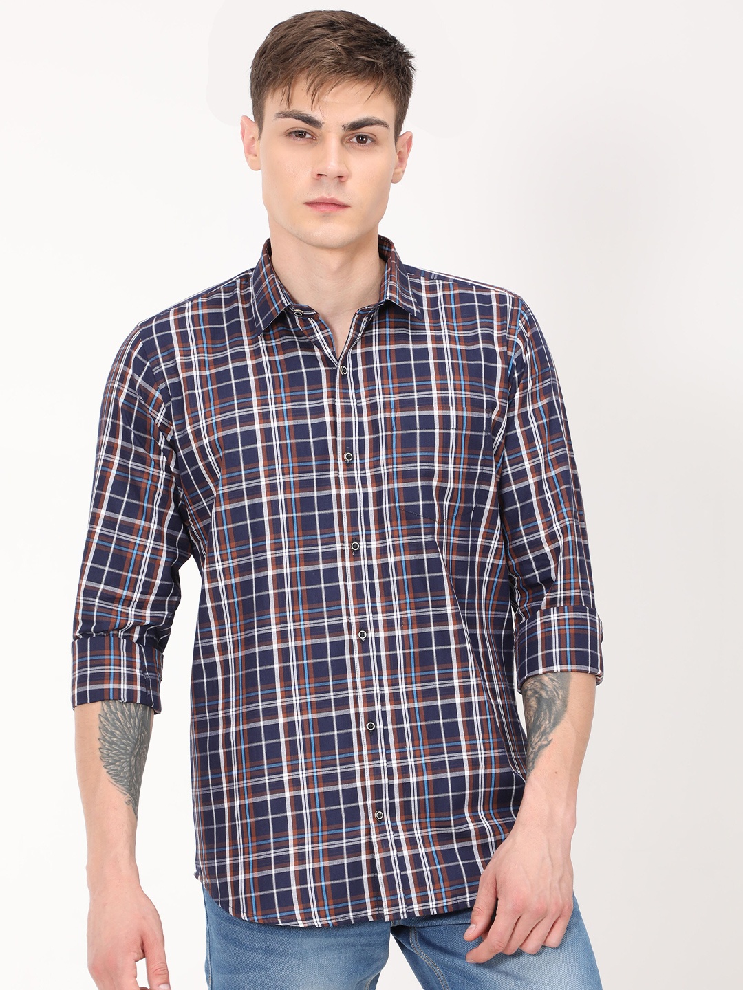 

PLATYPUSS Men White Classic Tartan Checks Checked Casual Shirt