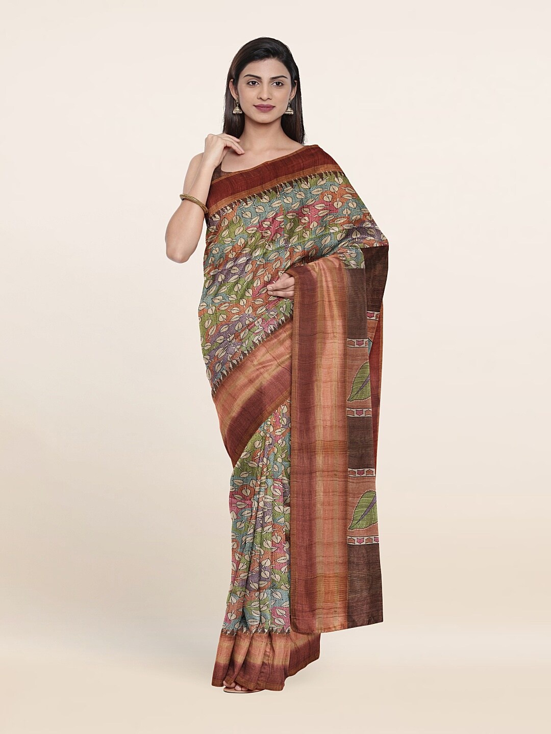 

Pothys Brown & Blue Floral Zari Art Silk Saree