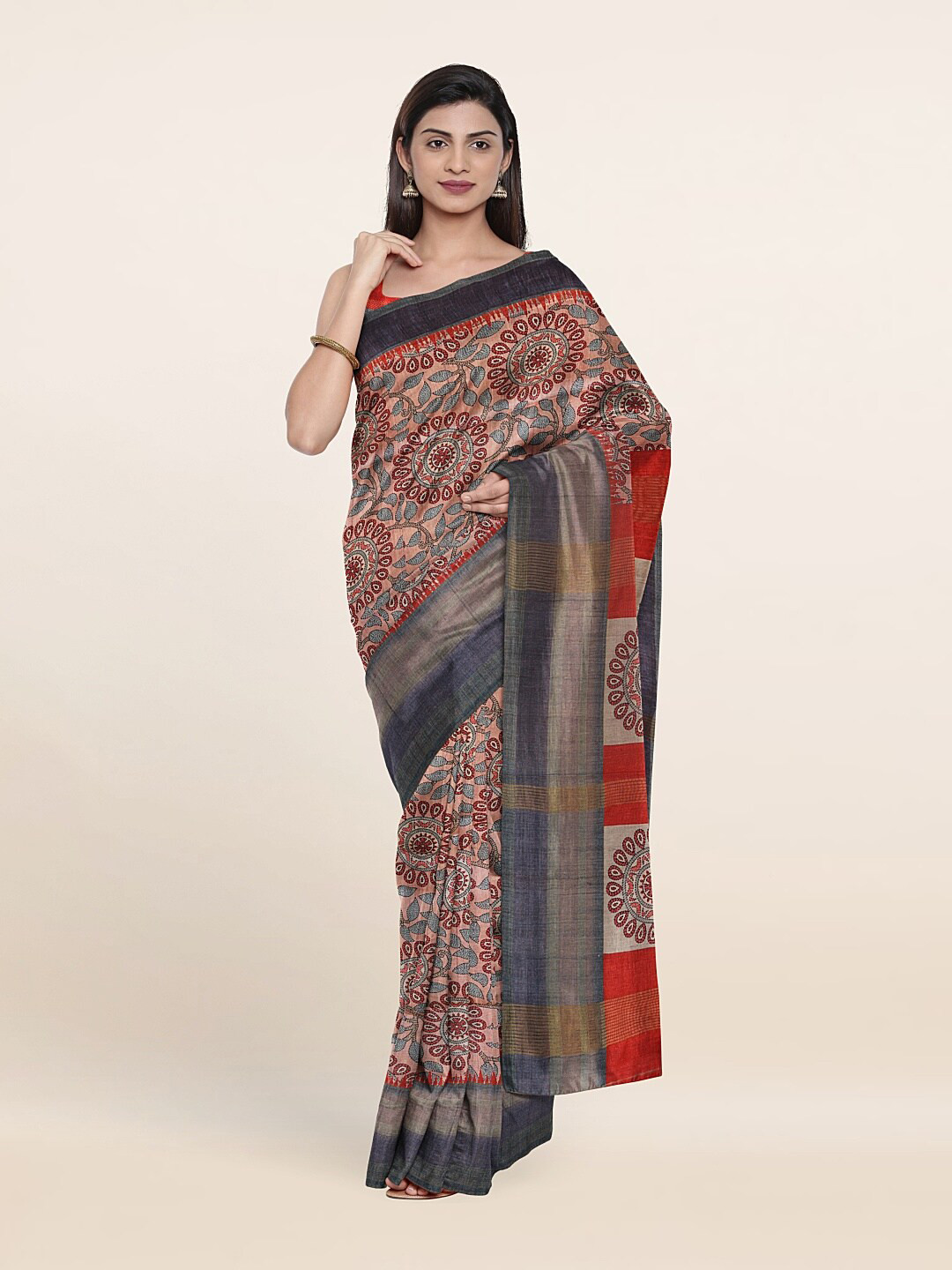

Pothys Peach-Coloured & Red Floral Art Silk Saree