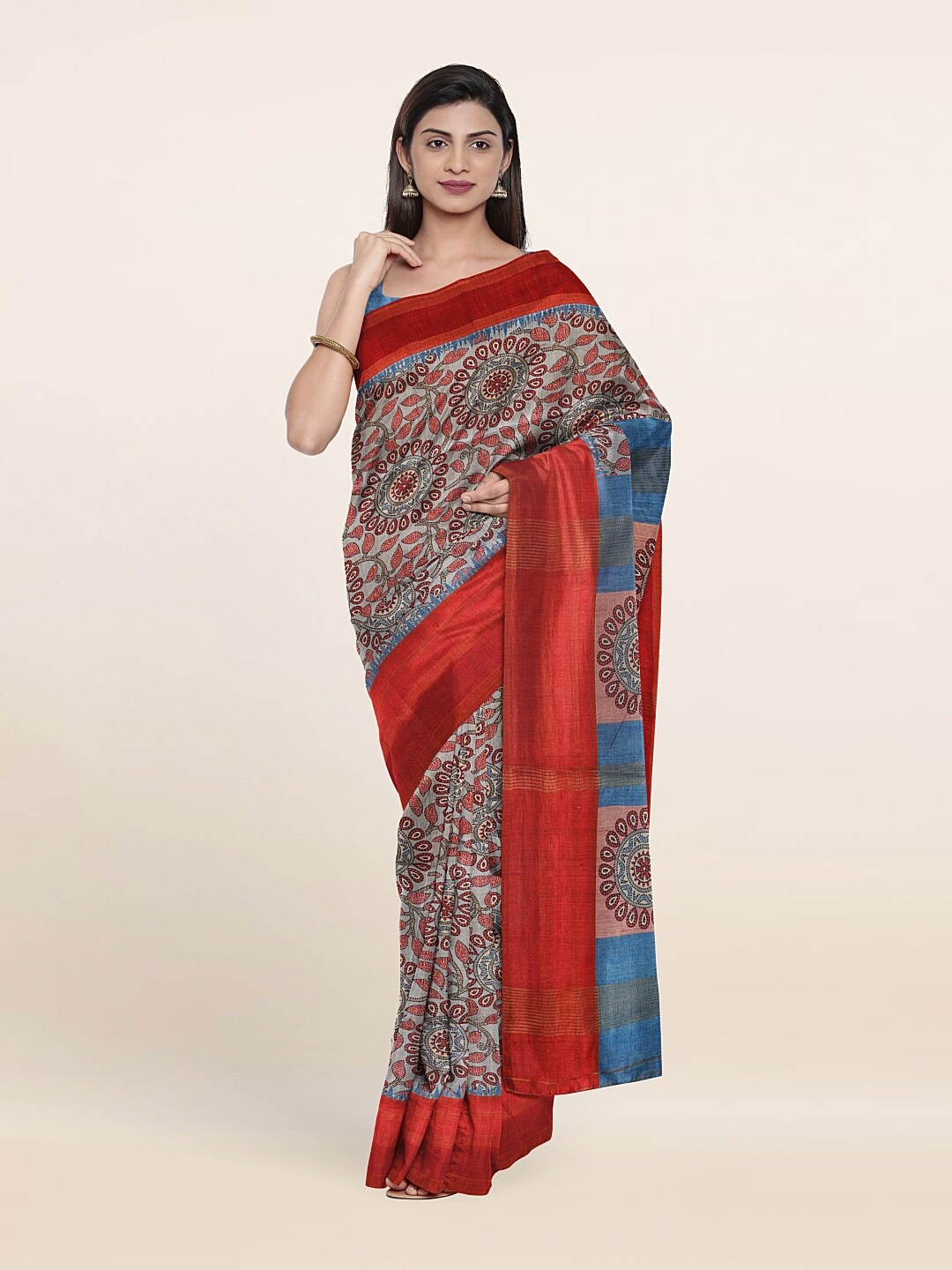 

Pothys Grey & Red Floral Zari Art Silk Saree