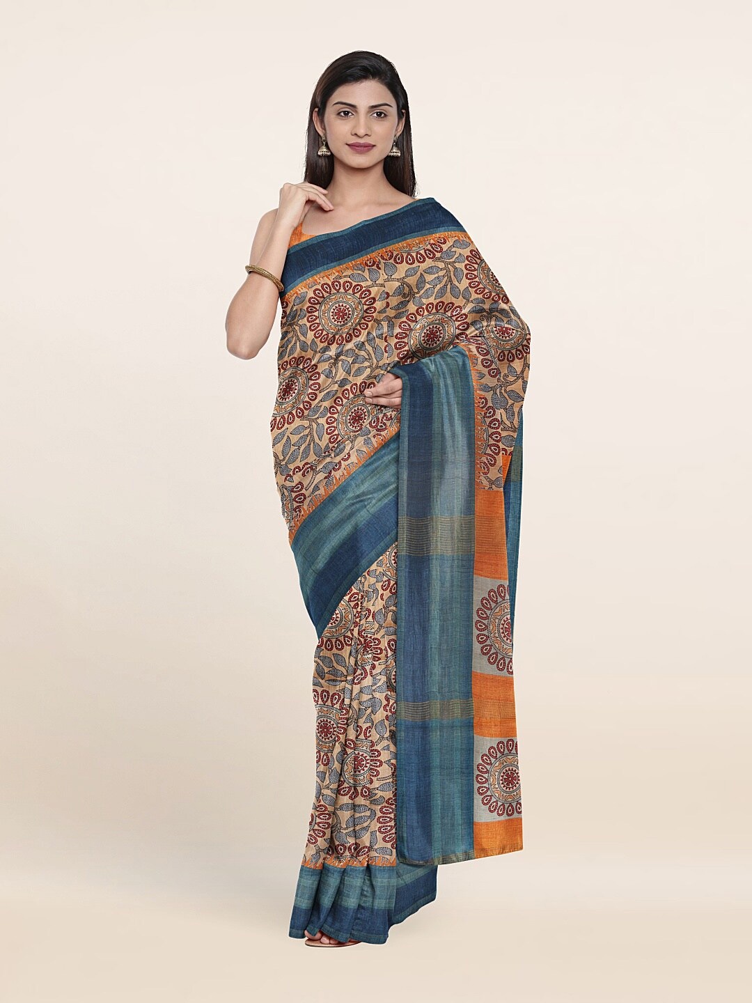 

Pothys Peach-Coloured & Blue Floral Printed Art Silk Saree
