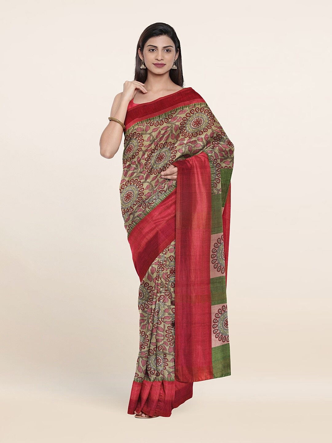 

Pothys Green & Red Ethnic Motifs Printed Art Silk Saree