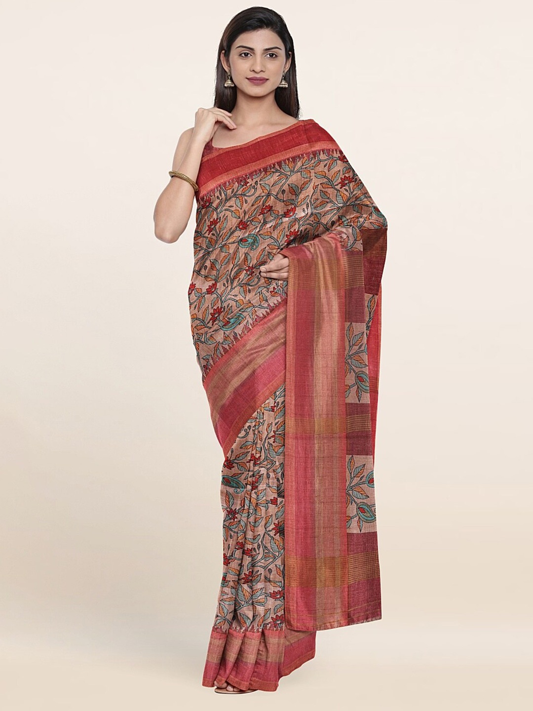 

Pothys Pink & Brown Floral Art Silk Saree